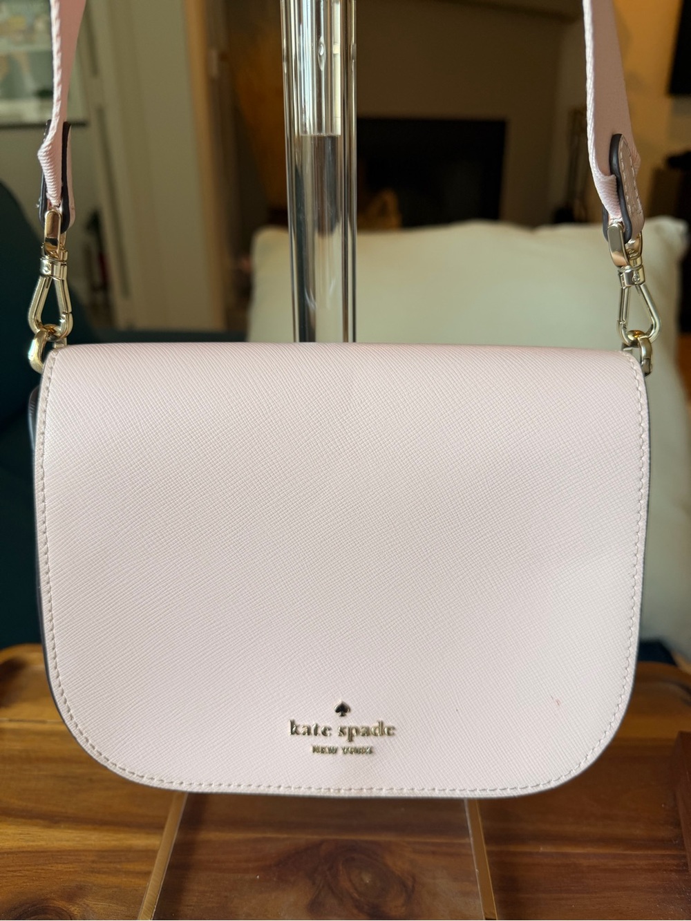 kate spade Light Pink Saffiano Crossbody Structured Bag with Guitar Strap Cute